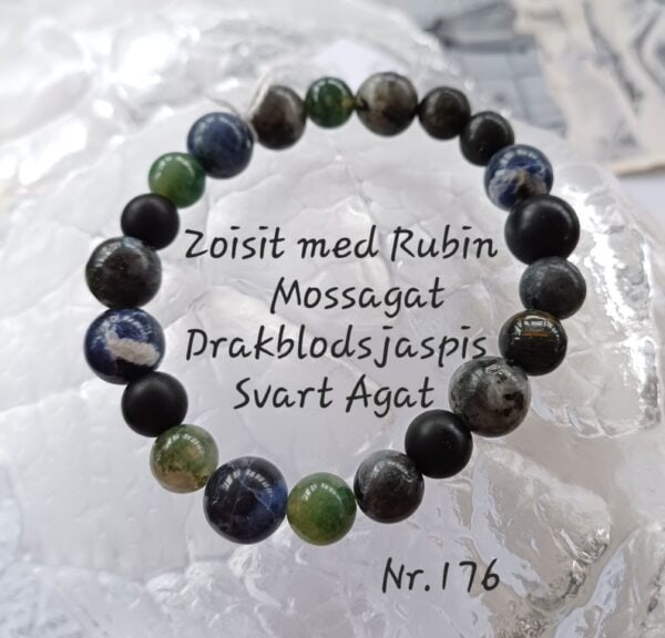 Zoisit med rubin, Mossagat, Drakblodsjaspis, Blackstone &Svart Agat